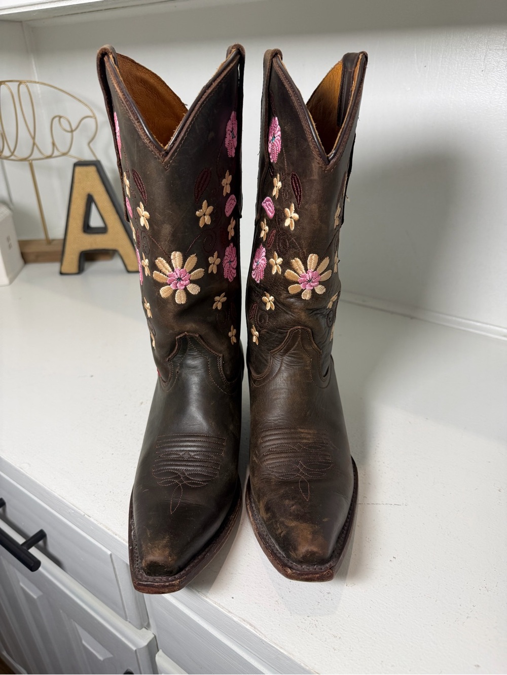Big Bull Womens 7.5 Vintage Brown Leather Floral Embroidered Cowboy Boots - Picture 2 of 10